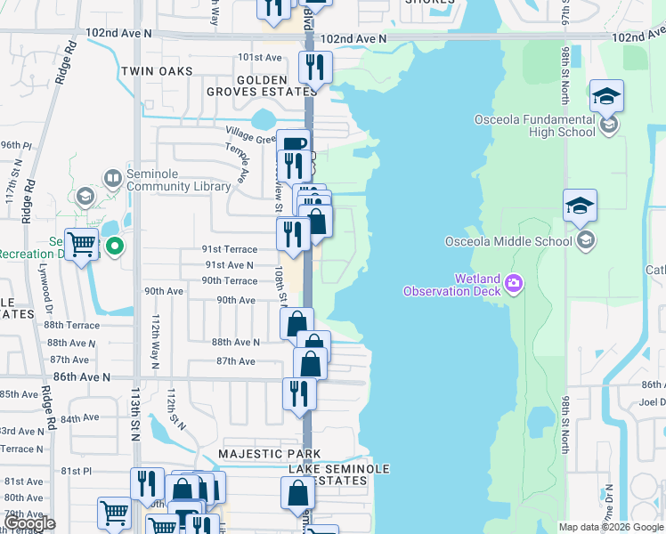 map of restaurants, bars, coffee shops, grocery stores, and more near 9209 Seminole Boulevard in Seminole