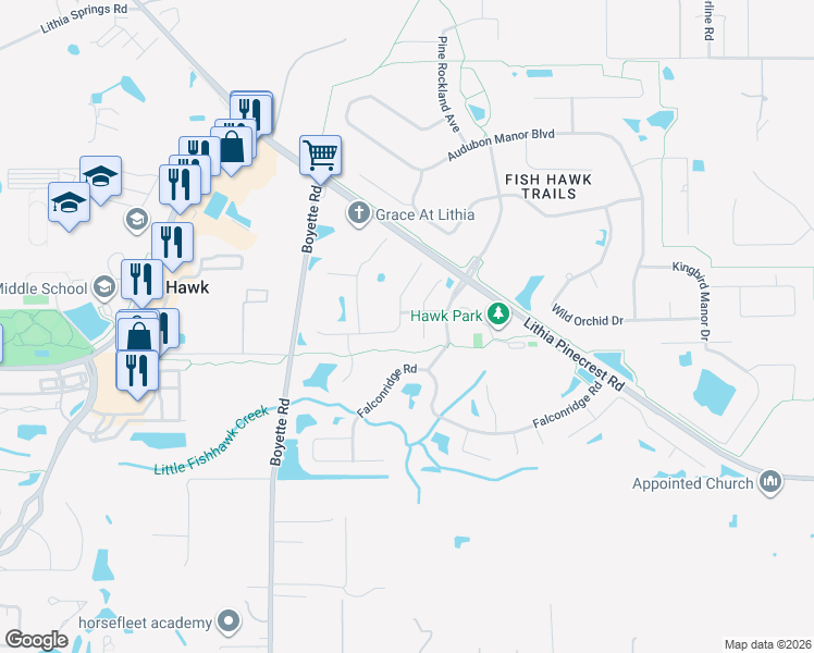 map of restaurants, bars, coffee shops, grocery stores, and more near 5714 Hawkgrove Place in Lithia