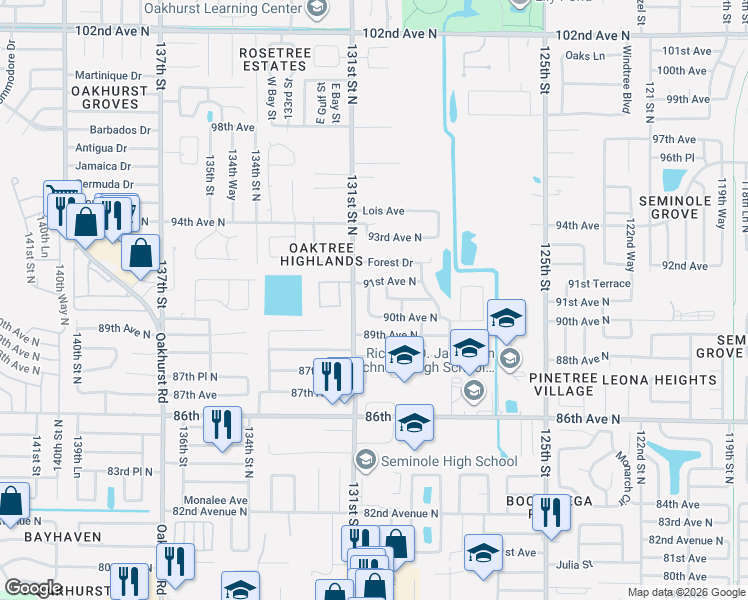 map of restaurants, bars, coffee shops, grocery stores, and more near 9022 130th Way in Seminole