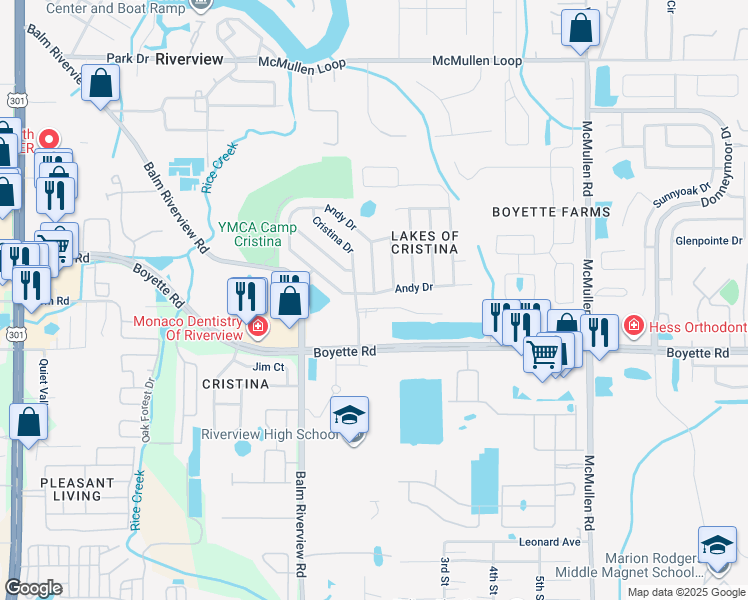 map of restaurants, bars, coffee shops, grocery stores, and more near 10022 Cristina Drive in Riverview