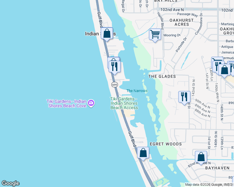 map of restaurants, bars, coffee shops, grocery stores, and more near Gulf Boulevard in Indian Shores