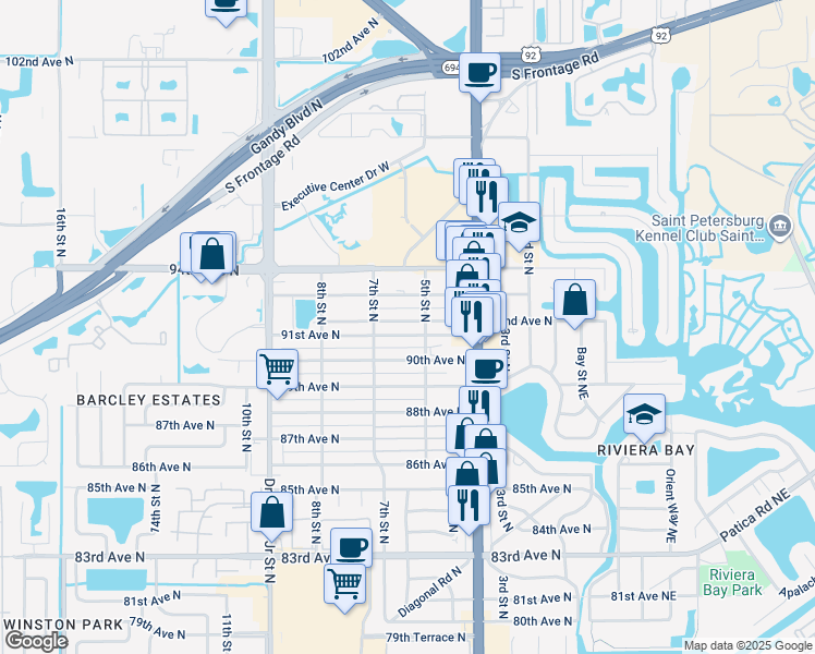 map of restaurants, bars, coffee shops, grocery stores, and more near 502 91st Avenue North in St. Petersburg