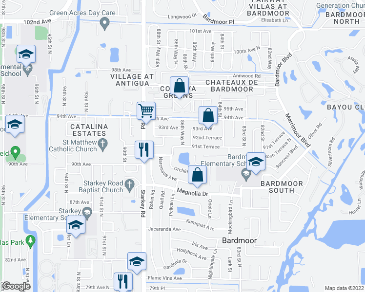 map of restaurants, bars, coffee shops, grocery stores, and more near 9198 Orchid Drive in Seminole