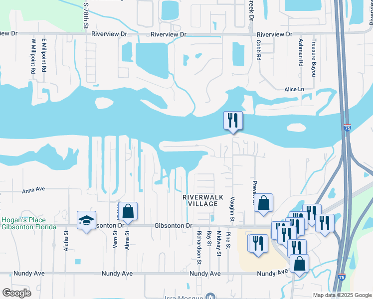 map of restaurants, bars, coffee shops, grocery stores, and more near 8603 Magnolia Street in Gibsonton