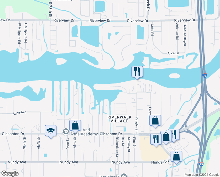 map of restaurants, bars, coffee shops, grocery stores, and more near 8603 Magnolia Street in Gibsonton