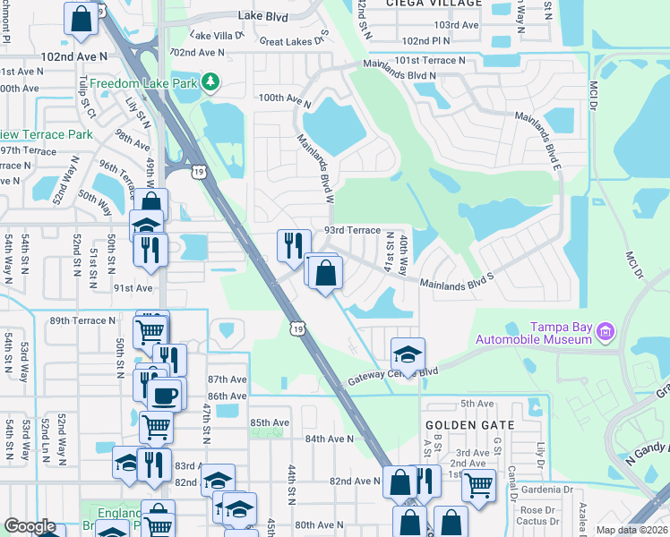 map of restaurants, bars, coffee shops, grocery stores, and more near 9145 42nd Way in Pinellas Park