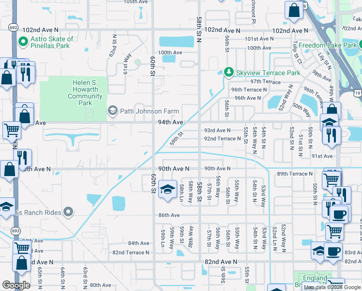 map of restaurants, bars, coffee shops, grocery stores, and more near 5924 92nd Avenue North in Pinellas Park
