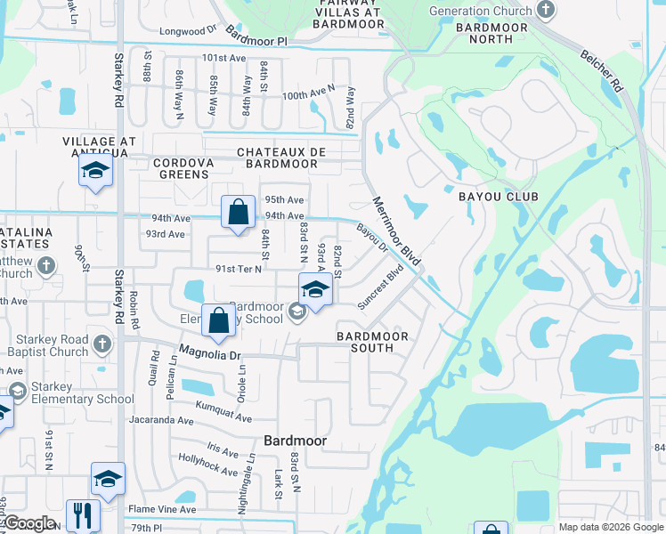 map of restaurants, bars, coffee shops, grocery stores, and more near 9118 82nd Street in Seminole