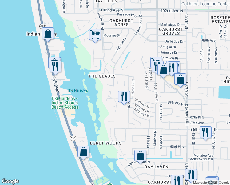 map of restaurants, bars, coffee shops, grocery stores, and more near 14389 90th Avenue in Seminole