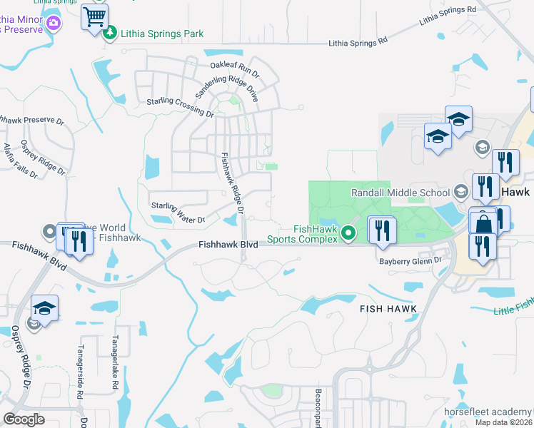 map of restaurants, bars, coffee shops, grocery stores, and more near 15848 Starling Water Drive in Lithia