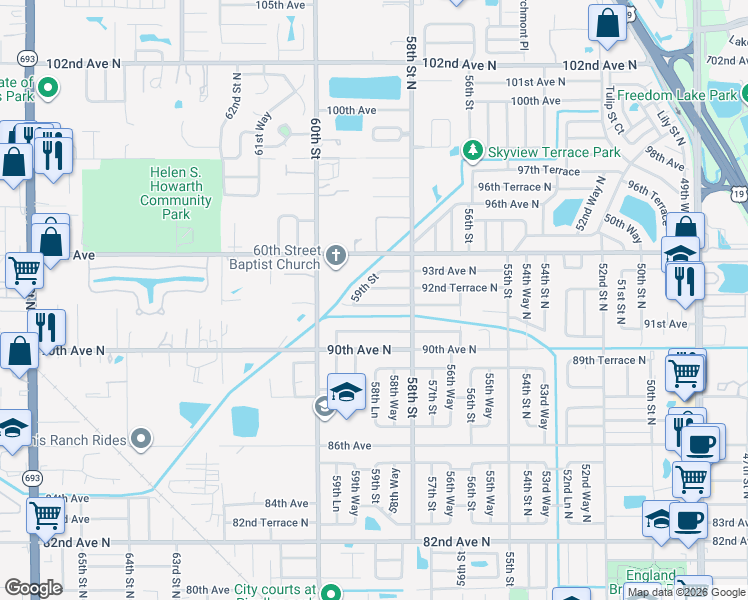 map of restaurants, bars, coffee shops, grocery stores, and more near 5924 92nd Avenue North in Pinellas Park