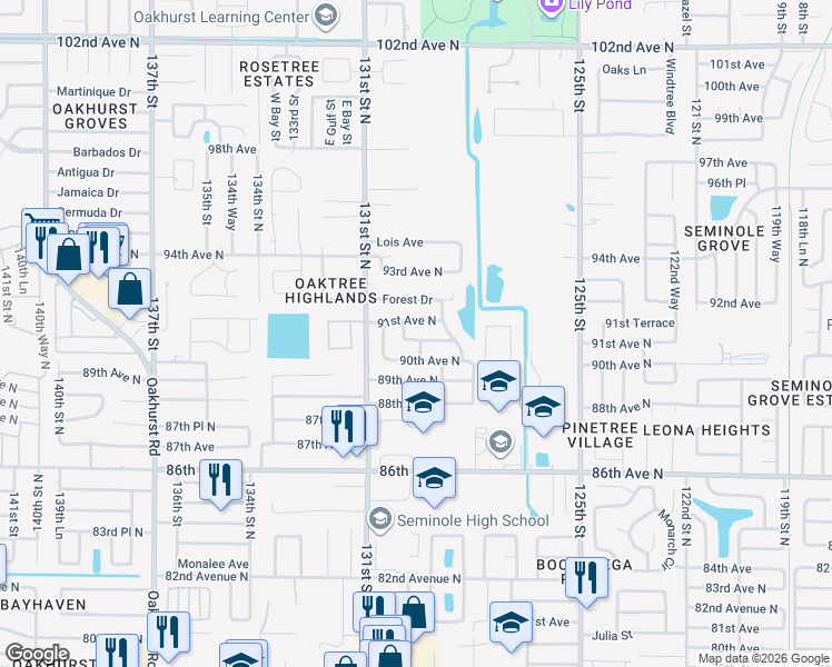 map of restaurants, bars, coffee shops, grocery stores, and more near 12957 90th Terrace in Seminole