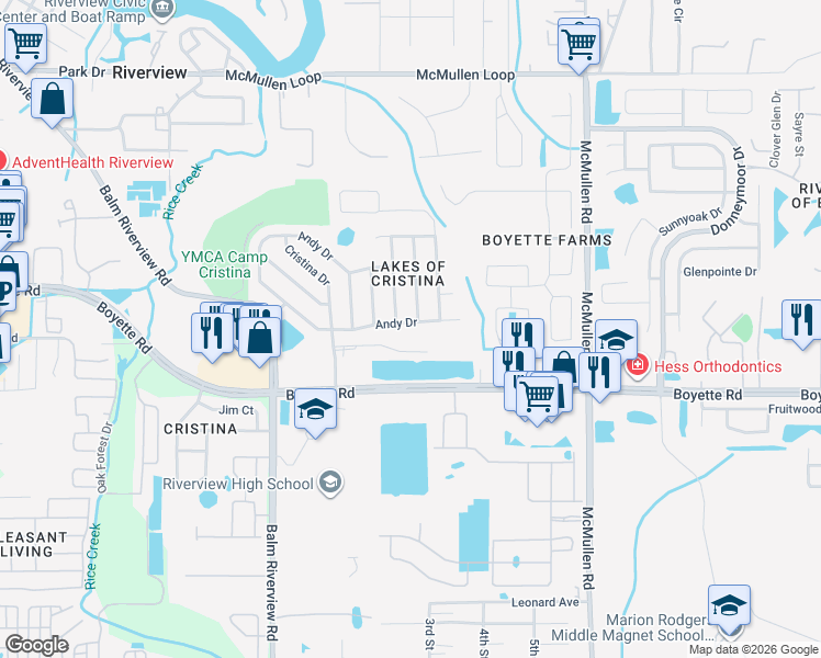 map of restaurants, bars, coffee shops, grocery stores, and more near 11513 Andy Drive in Riverview