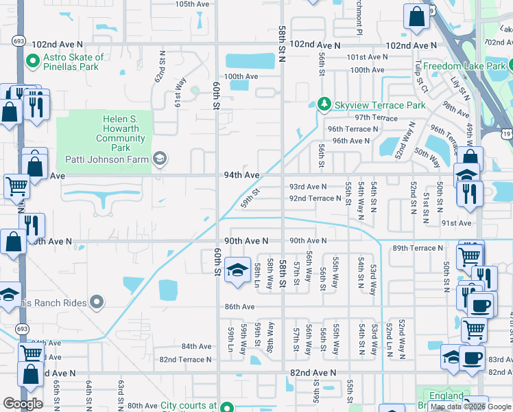map of restaurants, bars, coffee shops, grocery stores, and more near 5924 92nd Avenue North in Pinellas Park