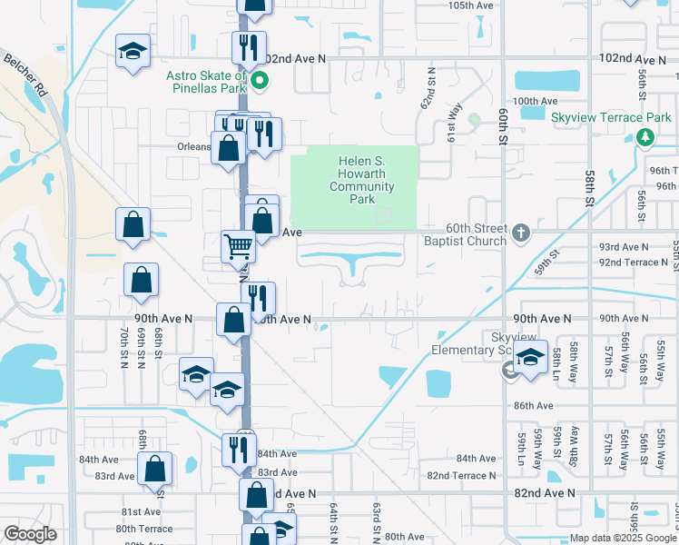 map of restaurants, bars, coffee shops, grocery stores, and more near 9101 64th Way North in Pinellas Park