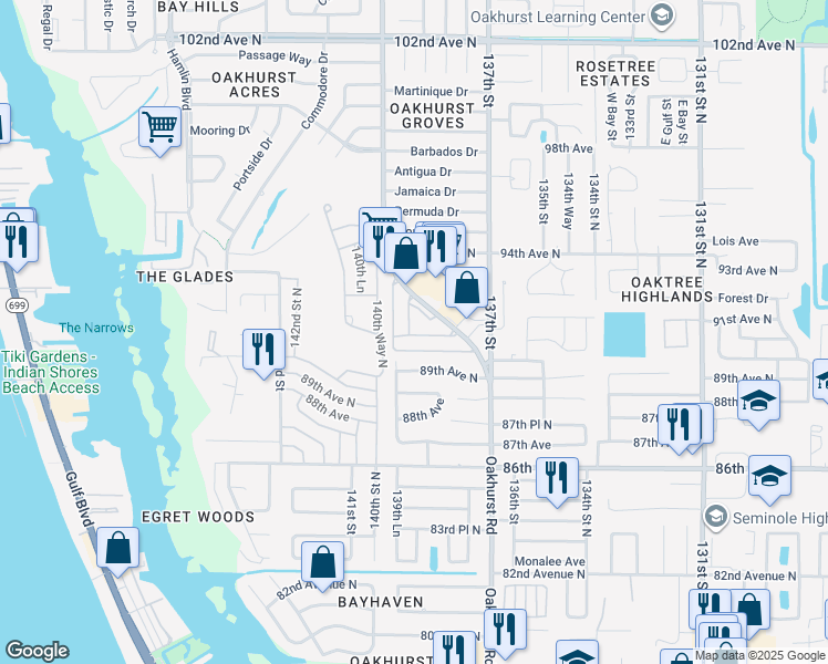 map of restaurants, bars, coffee shops, grocery stores, and more near 13941 89th Avenue North in Seminole