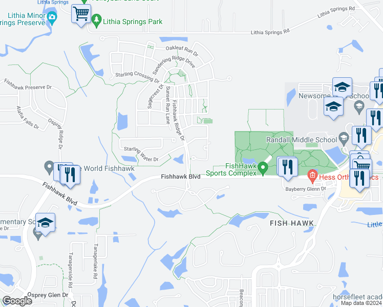 map of restaurants, bars, coffee shops, grocery stores, and more near 15863 Starling Water Drive in Lithia