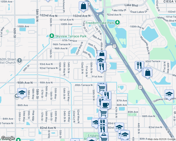 map of restaurants, bars, coffee shops, grocery stores, and more near 9203 51st Street North in Pinellas Park