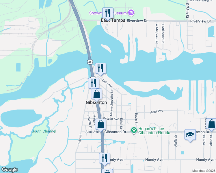 map of restaurants, bars, coffee shops, grocery stores, and more near 6206 Pennsylvania Avenue in Gibsonton