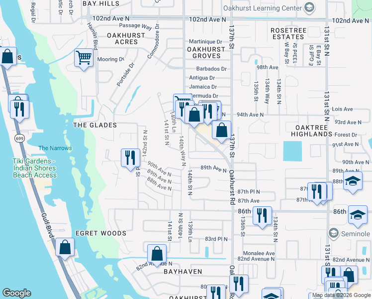 map of restaurants, bars, coffee shops, grocery stores, and more near 13941 89th Avenue North in Seminole