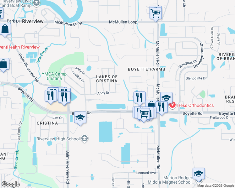 map of restaurants, bars, coffee shops, grocery stores, and more near 11525 Andy Drive in Riverview