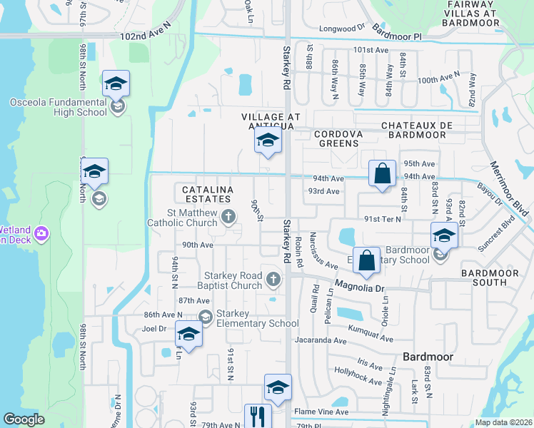 map of restaurants, bars, coffee shops, grocery stores, and more near 9251 90th Street in Seminole