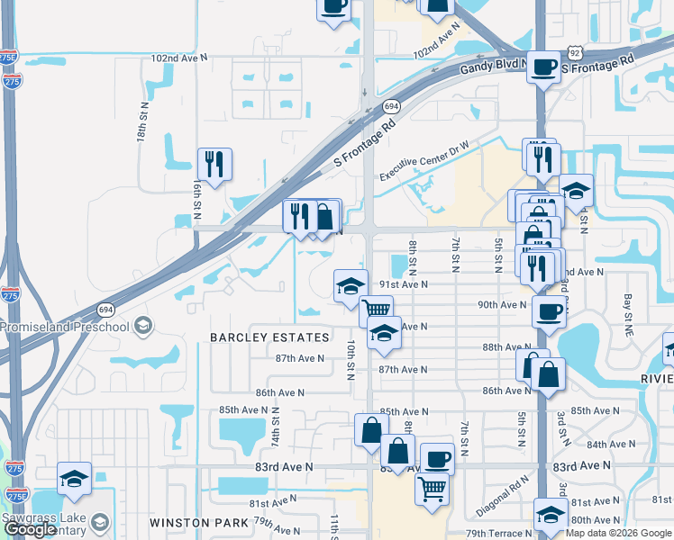 map of restaurants, bars, coffee shops, grocery stores, and more near 1000 94th Avenue North in St. Petersburg