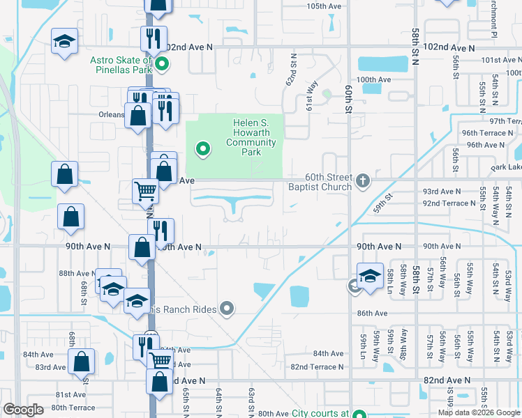 map of restaurants, bars, coffee shops, grocery stores, and more near 3903 93rd Terrace in Pinellas Park
