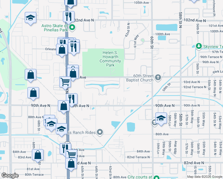 map of restaurants, bars, coffee shops, grocery stores, and more near 3903 93rd Terrace in Pinellas Park