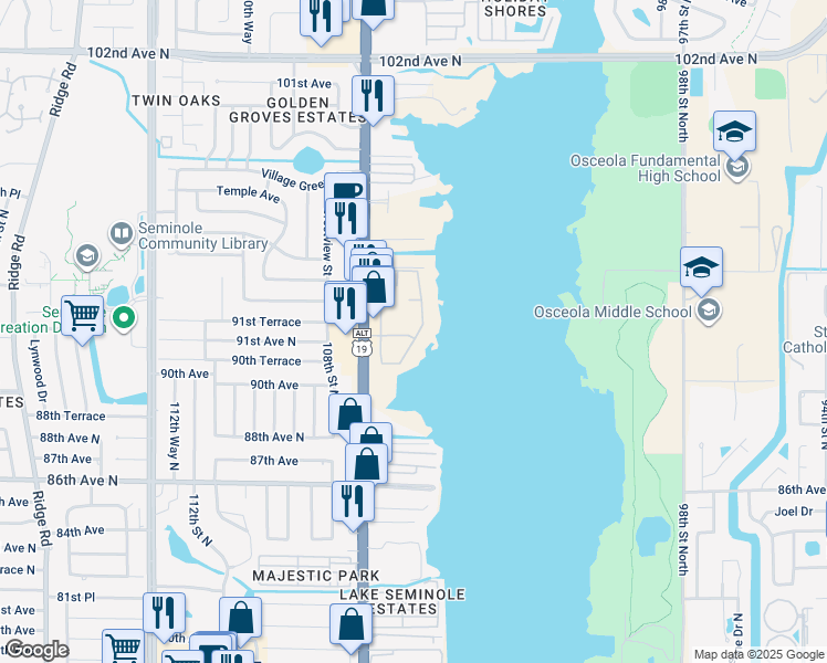 map of restaurants, bars, coffee shops, grocery stores, and more near 9209 Florida 595 in Seminole