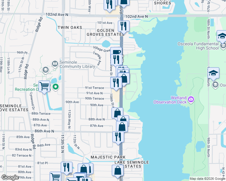 map of restaurants, bars, coffee shops, grocery stores, and more near 9167 108th Street North in Seminole