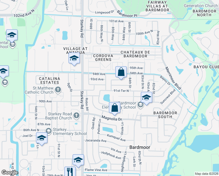 map of restaurants, bars, coffee shops, grocery stores, and more near 9184 86th St in Seminole