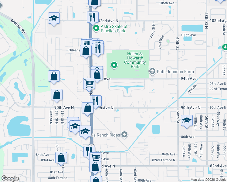 map of restaurants, bars, coffee shops, grocery stores, and more near 6436 92nd Place North in Pinellas Park