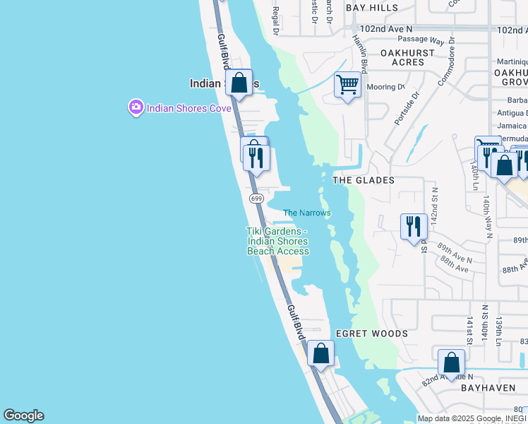 map of restaurants, bars, coffee shops, grocery stores, and more near 19651 Gulf Boulevard in Indian Shores