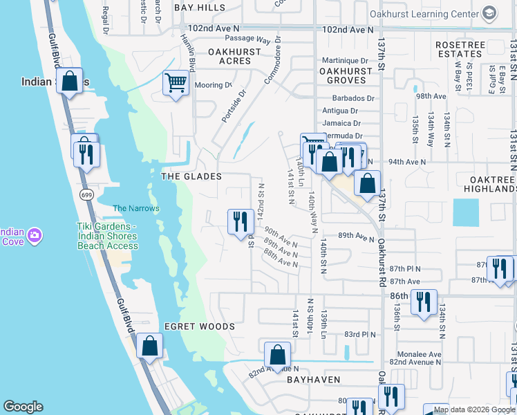 map of restaurants, bars, coffee shops, grocery stores, and more near 9128 142nd Street in Seminole