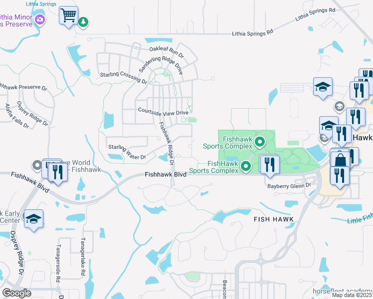 map of restaurants, bars, coffee shops, grocery stores, and more near 15837 Starling Water Drive in Lithia