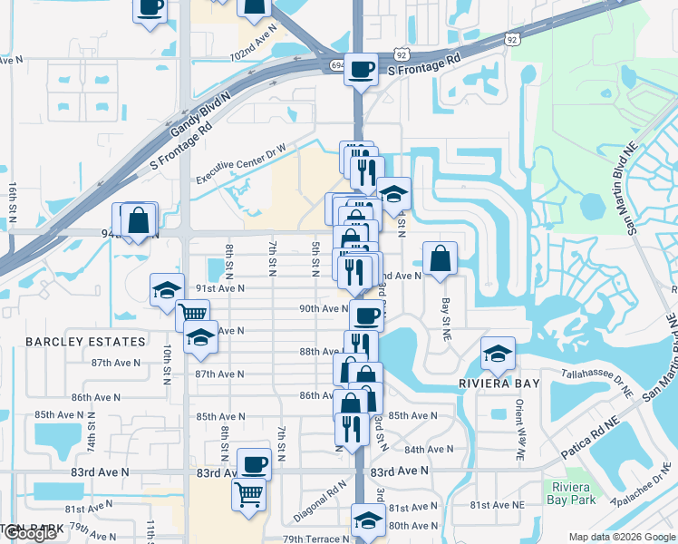 map of restaurants, bars, coffee shops, grocery stores, and more near 426 93rd Avenue North in St. Petersburg