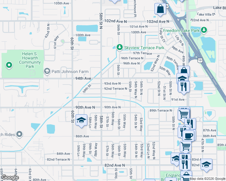 map of restaurants, bars, coffee shops, grocery stores, and more near 5700 93rd Avenue North in Pinellas Park