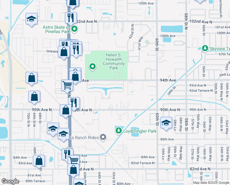 map of restaurants, bars, coffee shops, grocery stores, and more near 3903 93rd Terrace in Pinellas Park
