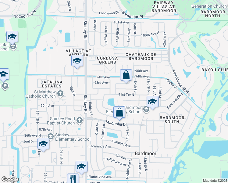 map of restaurants, bars, coffee shops, grocery stores, and more near 8599 92nd Terrace in Seminole