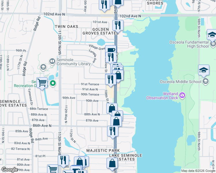 map of restaurants, bars, coffee shops, grocery stores, and more near 9219 108th Street North in Seminole