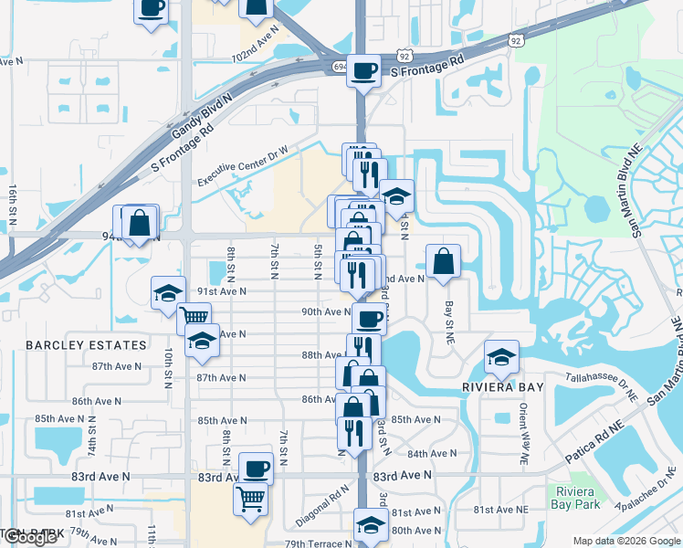 map of restaurants, bars, coffee shops, grocery stores, and more near 426 93rd Avenue North in St. Petersburg