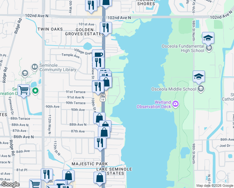 map of restaurants, bars, coffee shops, grocery stores, and more near 9209 Seminole Boulevard in Seminole