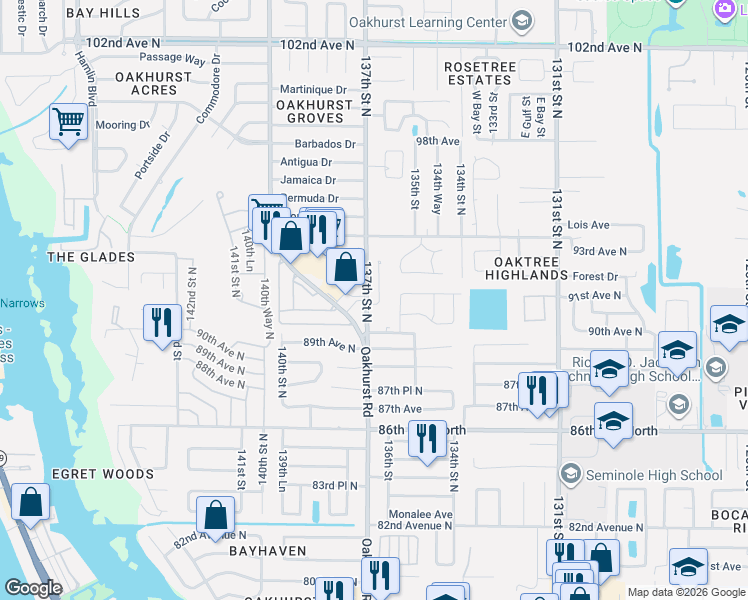 map of restaurants, bars, coffee shops, grocery stores, and more near 9150 Antilles Drive in Seminole
