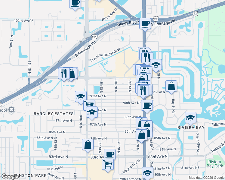 map of restaurants, bars, coffee shops, grocery stores, and more near 719 92nd Avenue North in St. Petersburg