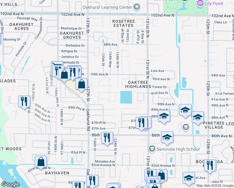 map of restaurants, bars, coffee shops, grocery stores, and more near 13403 91st Avenue North in Seminole