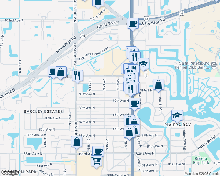 map of restaurants, bars, coffee shops, grocery stores, and more near 634 93rd Avenue North in St. Petersburg