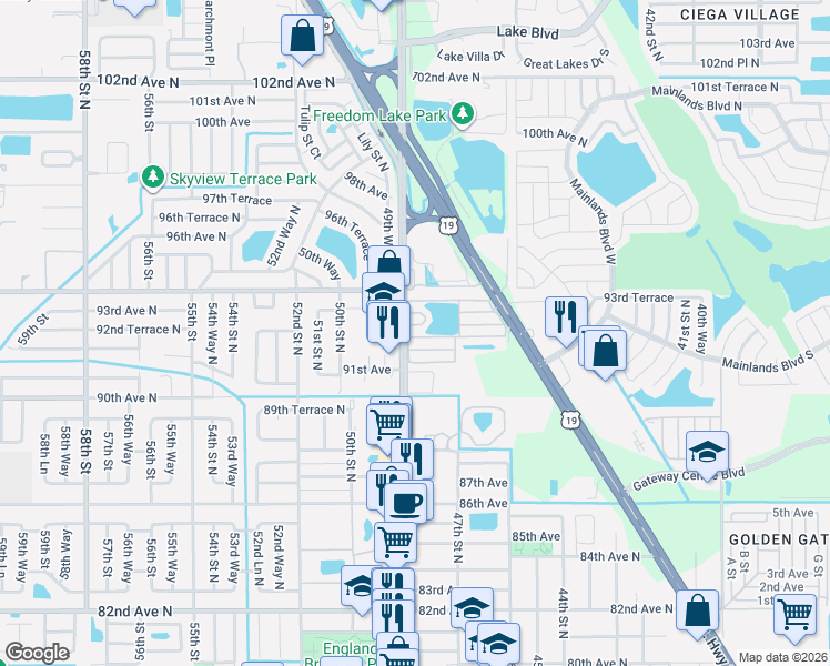 map of restaurants, bars, coffee shops, grocery stores, and more near 241 Circle Drive in Pinellas Park