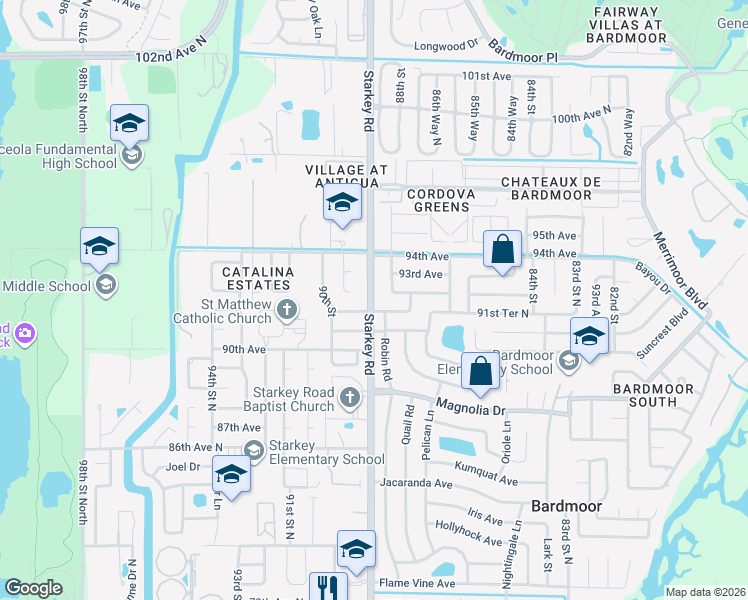 map of restaurants, bars, coffee shops, grocery stores, and more near 9264 Starkey Road in Seminole