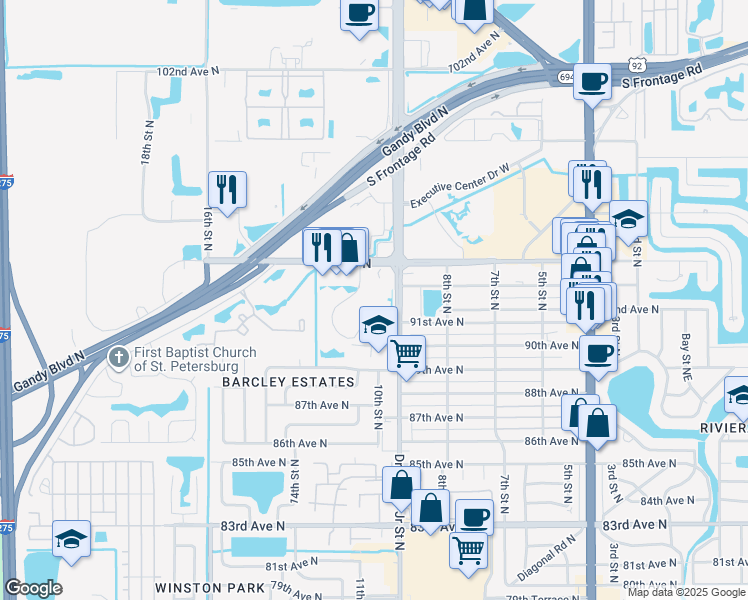 map of restaurants, bars, coffee shops, grocery stores, and more near 1000 94th Avenue North in St. Petersburg
